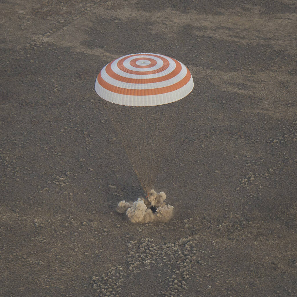 The Soyuz MS-01 spacecraft is seen as it lands with Expedition 49 crew members NASA astronaut Kate Rubins, Russian cosmonaut Anatoly Ivanishin of Roscosmos, and astronaut Takuya Onishi of the Japan Aerospace Exploration Agency (JAXA) near the town of Zhezkazgan, Kazakhstan on Sunday, Oct. 30, 2016(Kazakh time). Rubins, Ivanishin, and Onishi are returning after 115 days in space where they served as members of the Expedition 48 and 49 crews onboard the International Space Station. Photo Credit: (NASA/Bill Ingalls)